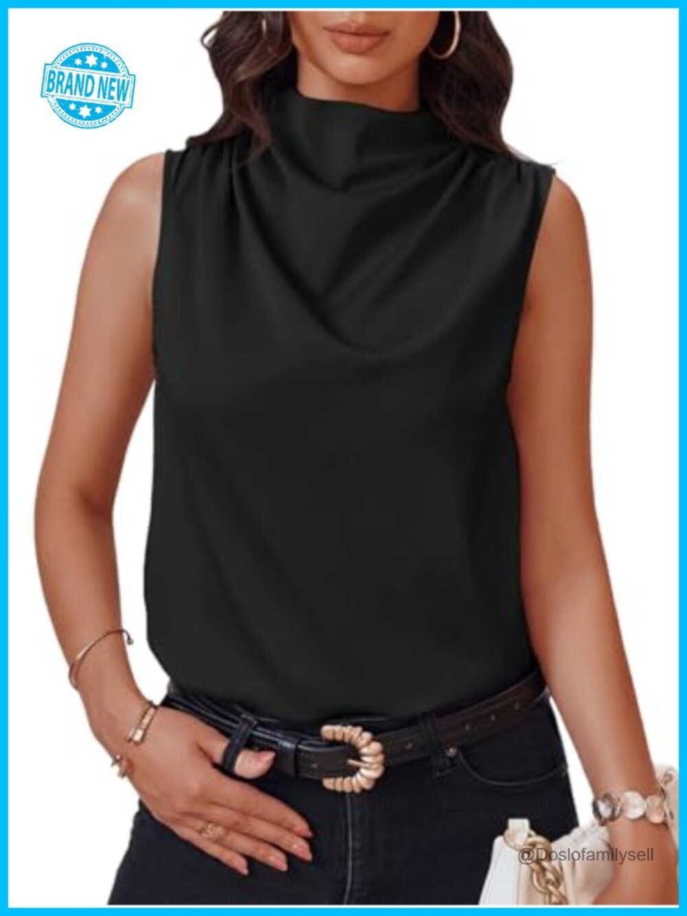 Womens Mock Neck Satin Tank Top Sleeveless Ruched Business Casual Blouse